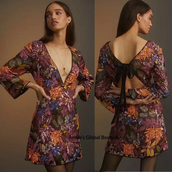 RARE NWT ANTHROPOLOGIE Sequined Embroidered Cut-Out Mini Dress. Size 20W - Picture 9 of 16